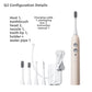 Beige electric flosser handle shown with brush heads, floss nozzle, holder and clear cup