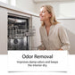 Person opening a dishwasher next to text about removing damp odours from the machine