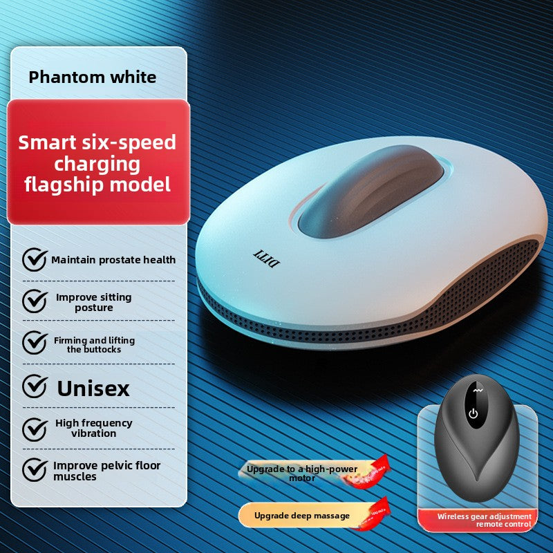 White oval pelvic floor trainer pad shown next to its wireless remote control