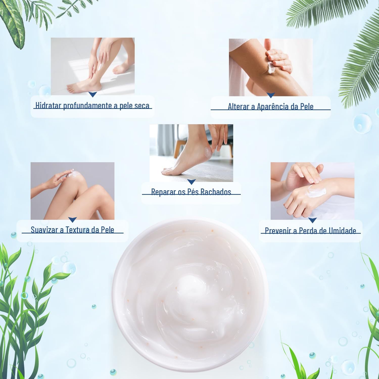 Hands and feet applying 40% urea cream with callouts about hydrating and softening dry skin