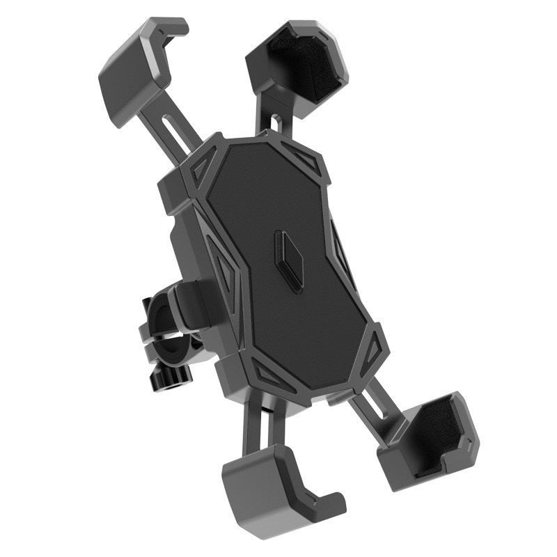Black ABS phone mount alone on white, four clamp arms open and bar collar visible