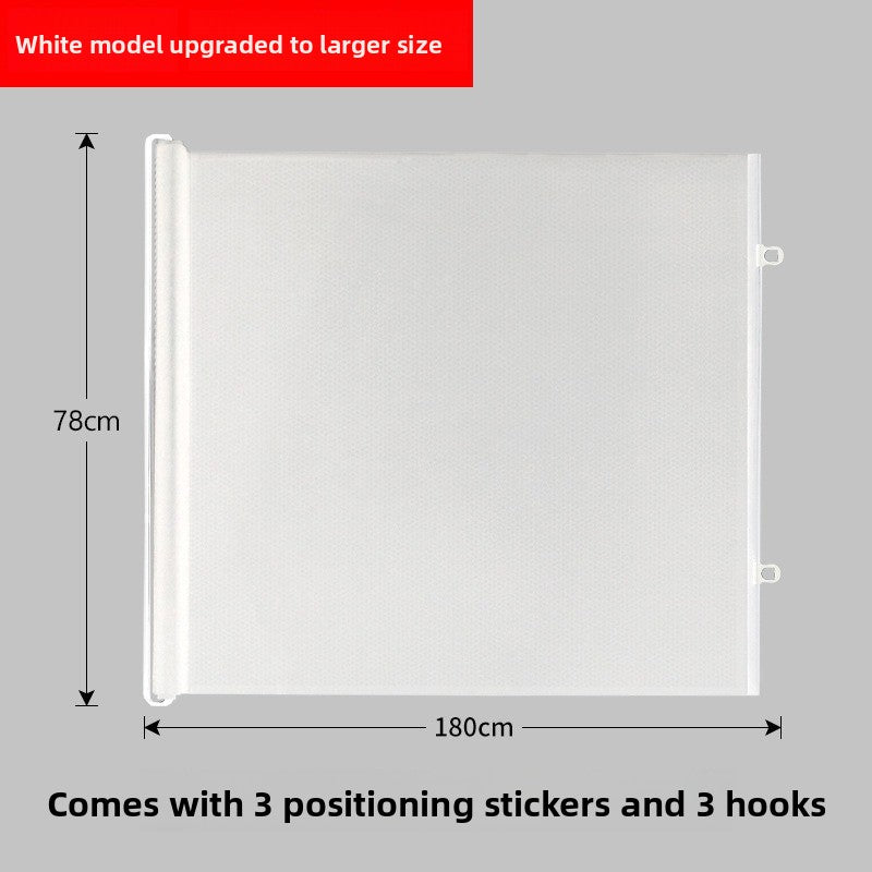 White roll up pet gate 180 cm wide and 78 cm high, with three adhesive locators and three hooks
