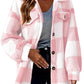 Womens buffalo check shacket, plush fleece hand and hip length cut shown on model