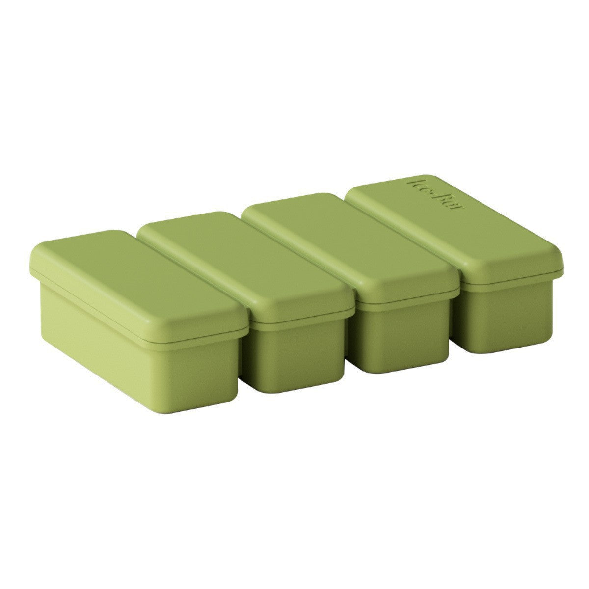 Four section tray shown closed with its lid, joined rectangular blocks on white, option 4 Sections Lidded Tray, Olive Green