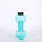 Purple dumbbell water bottle held horizontally to show the balanced faceted weight ends