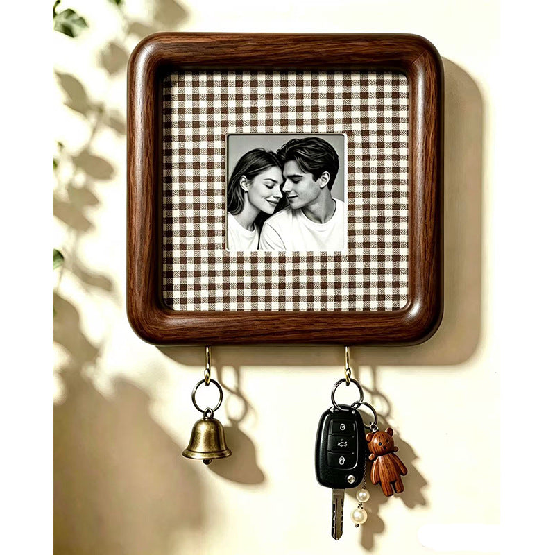 Option 15x15 Hook Style 10: dark wood wall photo frame with brown and white gingham backing and two key hooks