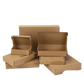 Assorted kraft corrugated mailer boxes on a dark background with Chinese promotional text