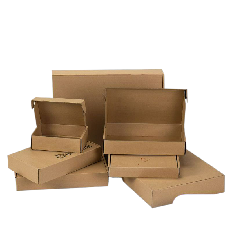 Assorted kraft corrugated mailer boxes on a dark background with Chinese promotional text