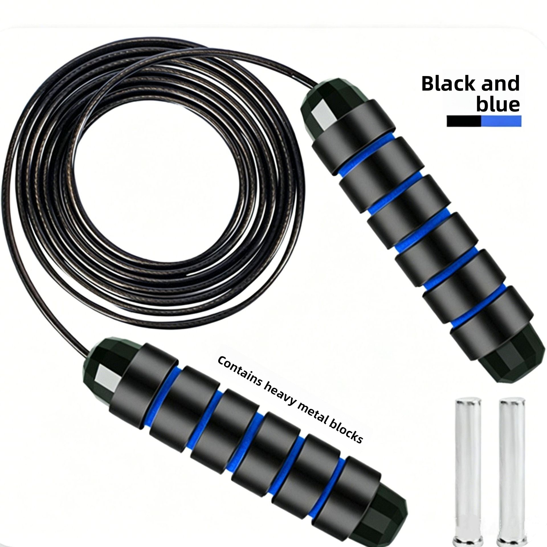 Black and blue weighted skipping rope shown with its two removable metal bars