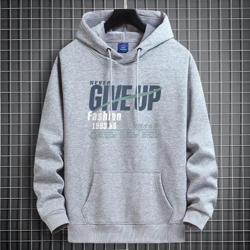 Light gray fleece-lined hooded sweatshirt on a hanger with a NEVER GIVE UP print and a front pocket