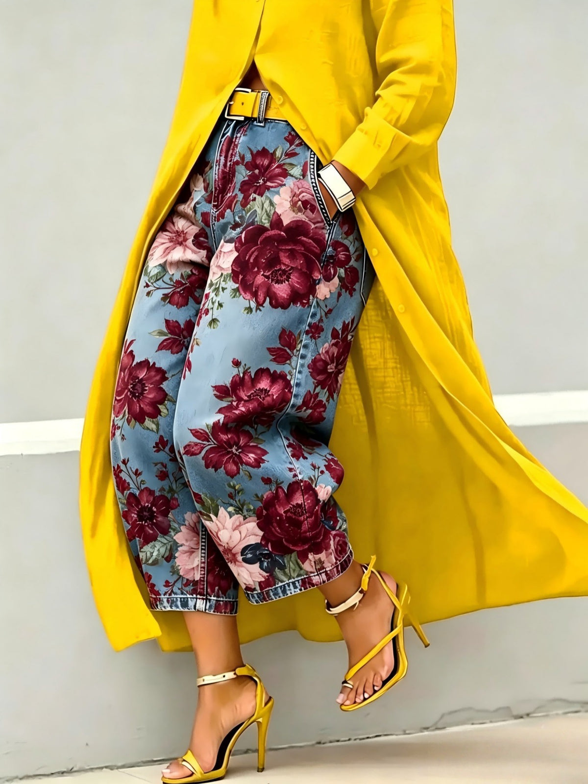 Wide leg cropped denim jeans with burgundy and pink rose print on light blue denim, yellow coat