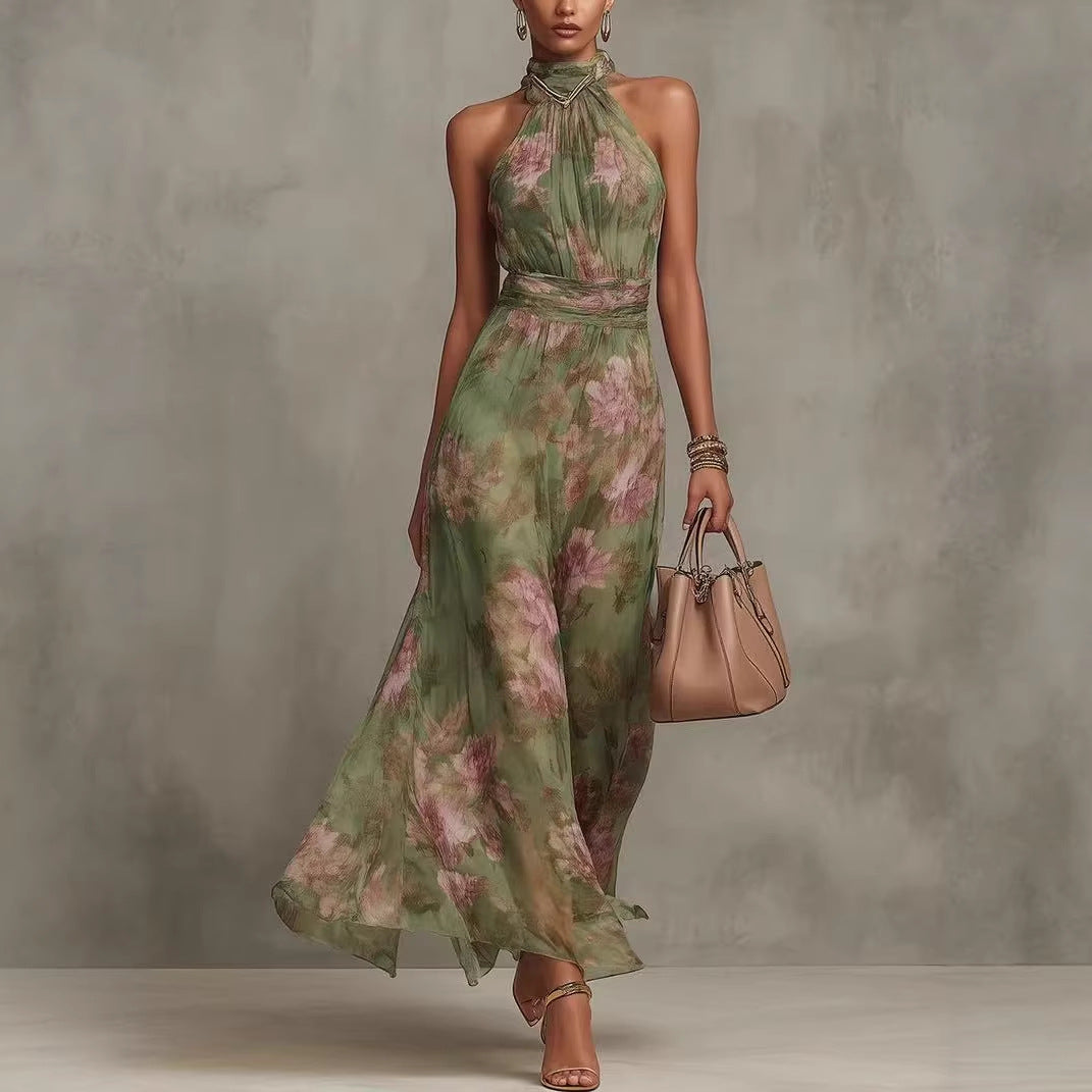 Green slimming dress front view showing the seamed defined waist and soft draping skirt