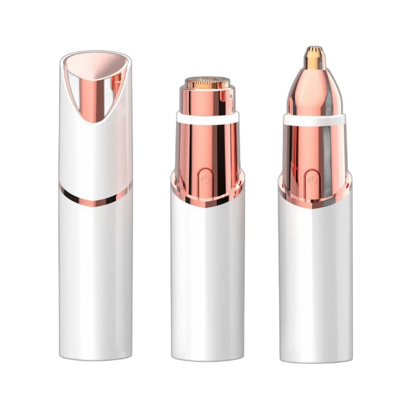 White foil hair remover shown as cap, round foil shaver head and pointed brow head