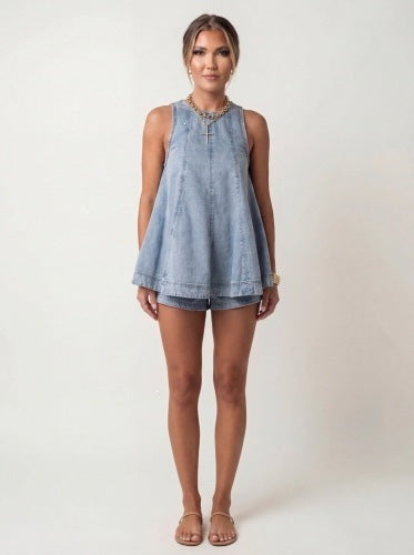 Women's Denim Vest and Shorts Set | scale reference next to a hand