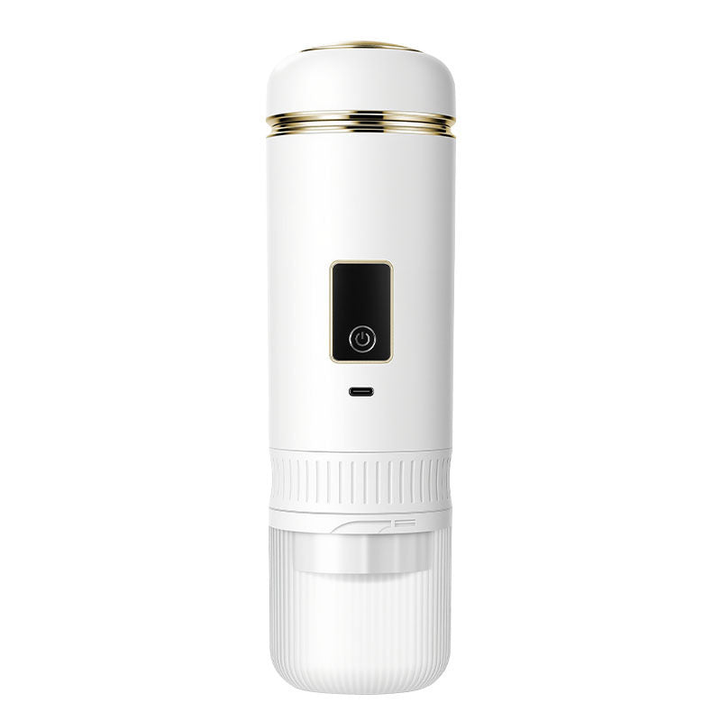 Front view of the white portable espresso maker showing screen power button and USB-C port