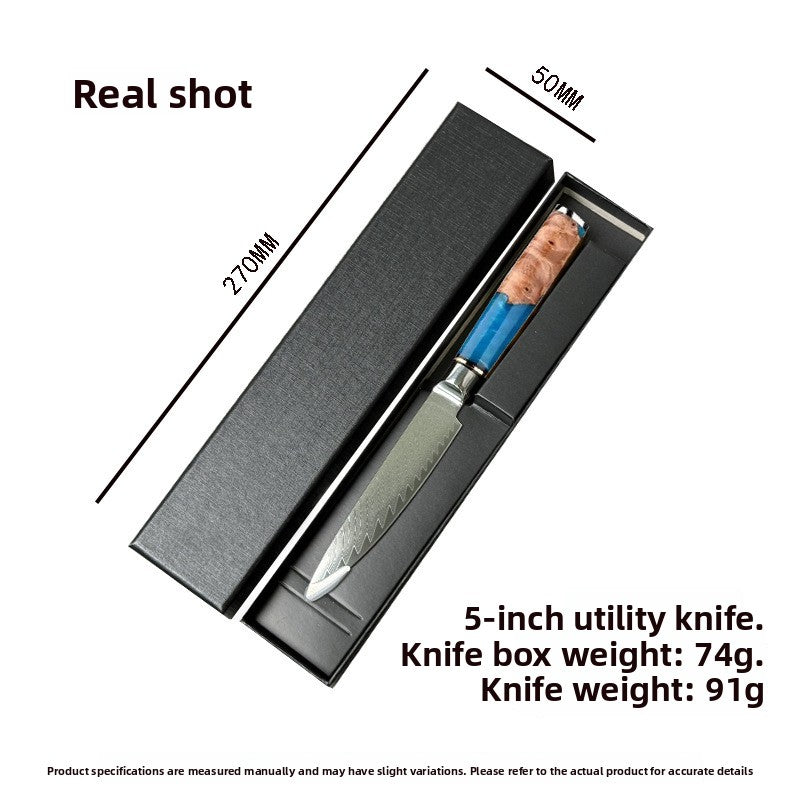 5in Damascus utility knife with blue resin and wood handle lying in its black gift box with size markings