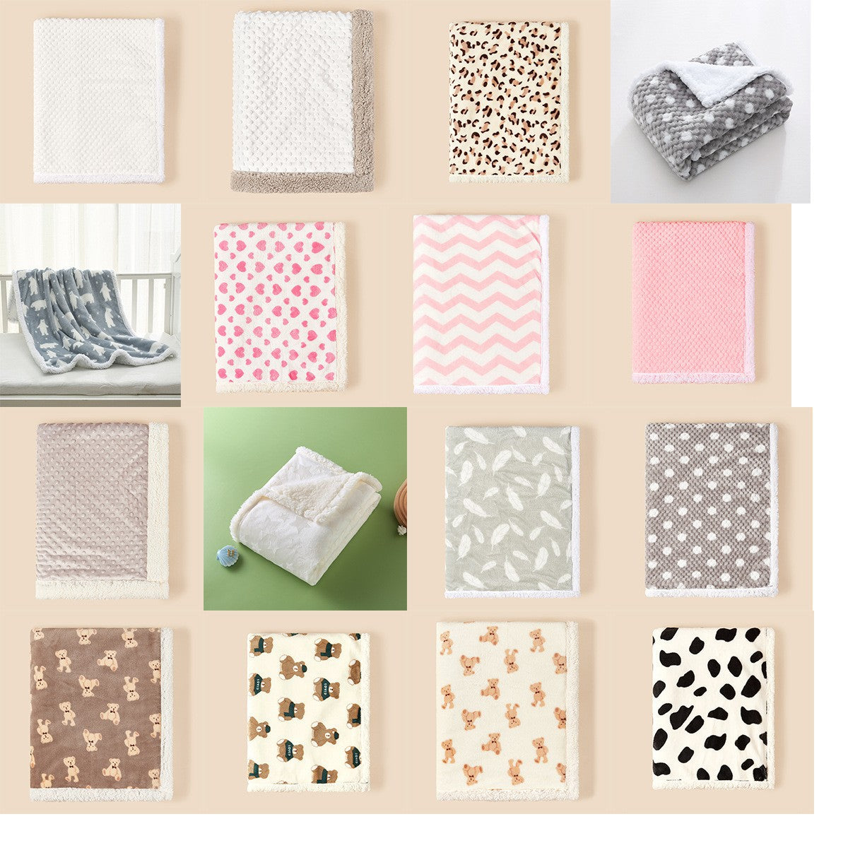 Alternative angle of cartoon flannel baby blanket showing rabbit print