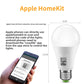 White smart LED bulb with an E27 base and a HomeKit setup code, shown with size markings