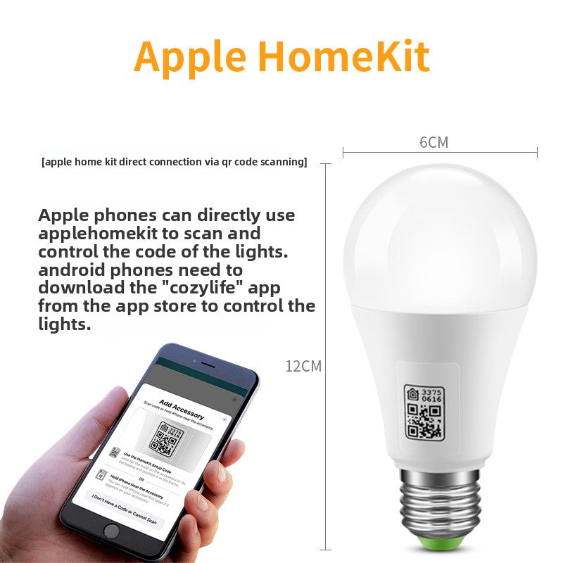 White smart LED bulb with an E27 base and a HomeKit setup code, shown with size markings