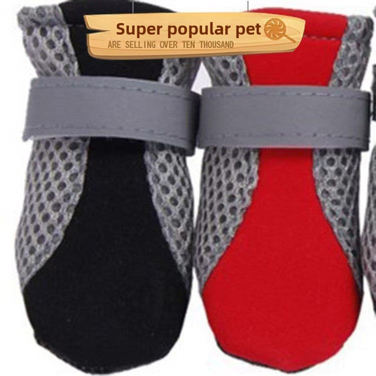Reflective mesh dog shoes shown as a group of four with hook and loop straps fastened
