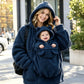 Navy lamb fleece zip hoodie with a front baby pouch with bear ears, worn on a city street