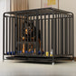 Black flat top iron dog crate with slide out tray and wheels holding a large rottweiler indoors