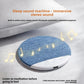 Blue linen look pillow speaker on bedding beside a white pillow