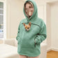 Cyan sherpa fleece pet pouch hoodie showing the front pouch and lower hand pockets