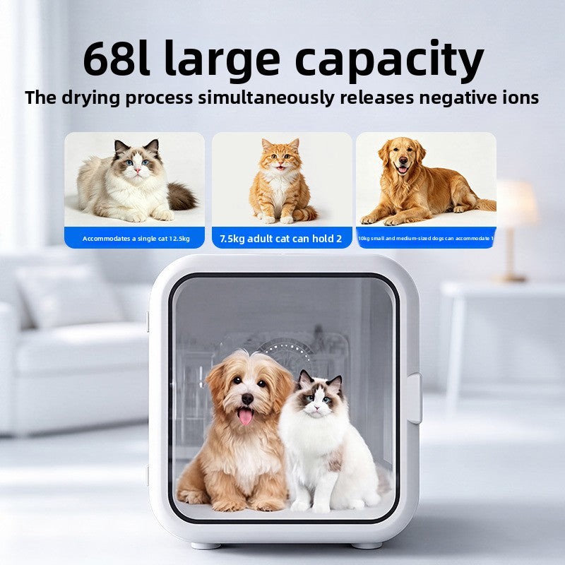 White pet drying box holding a small dog and a cat, marked with a 68L capacity and negative ion label