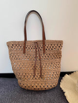 Large Woven Straw Tote Bag, Khaki Crochet, Leather Straps, Market to Beach