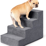 Dark gray four-tier pet steps with a French bulldog standing on the second step