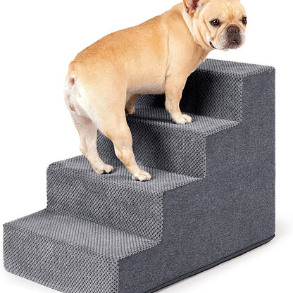 Dark gray four-tier pet steps with a French bulldog standing on the second step