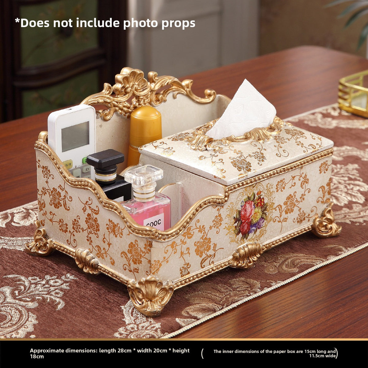 Palace style resin decor with wood grain finish, gold tone edging, and cream pearl shell panels