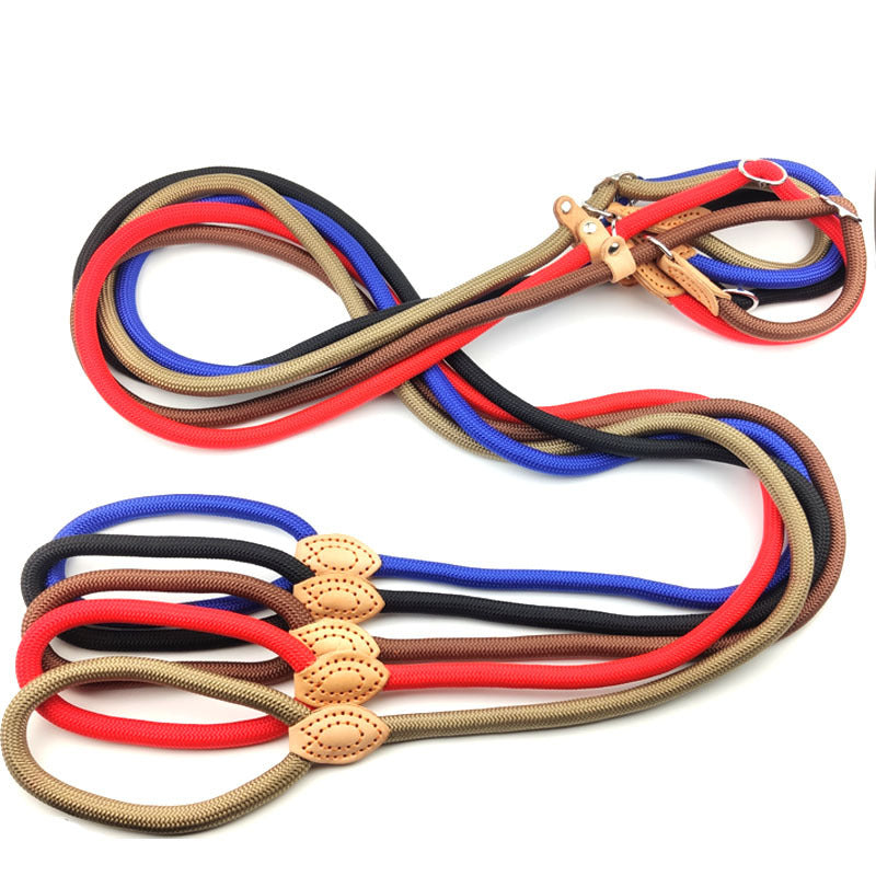 Brown braided rope dog slip lead laid out to show the sliding loop and hand grip end