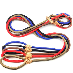 Brown braided rope dog slip lead laid out to show the sliding loop and hand grip end
