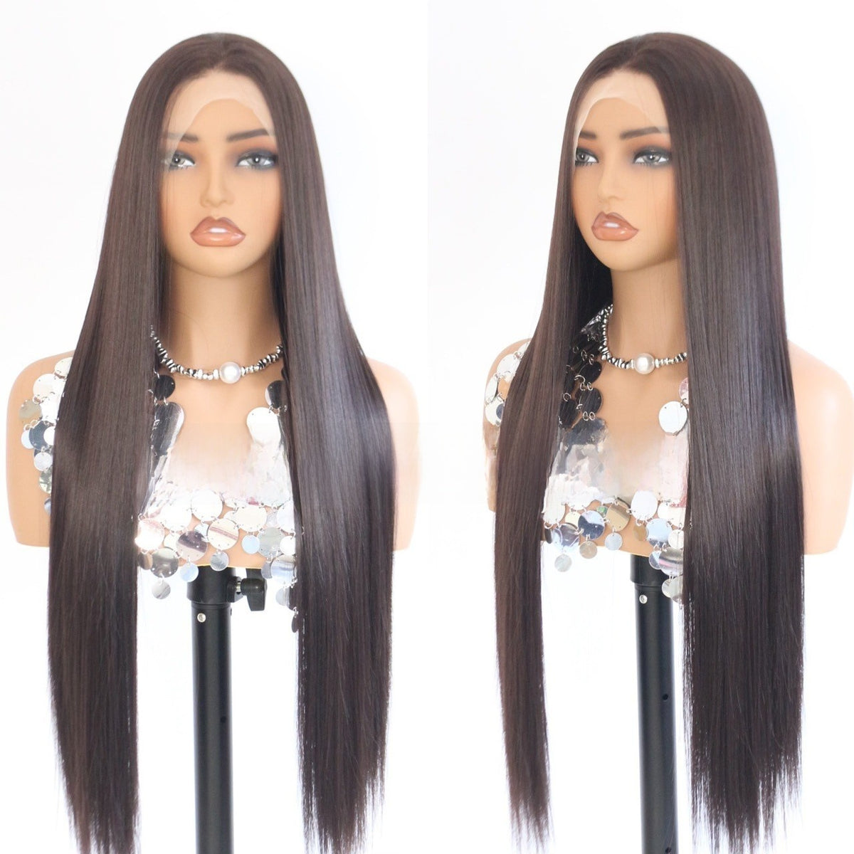 Dark brown long straight lace front wig on a mannequin head in two views, 24 inches option