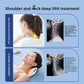Infographic panels of a woman lying on the foam neck pillow, each beside a side view neck image