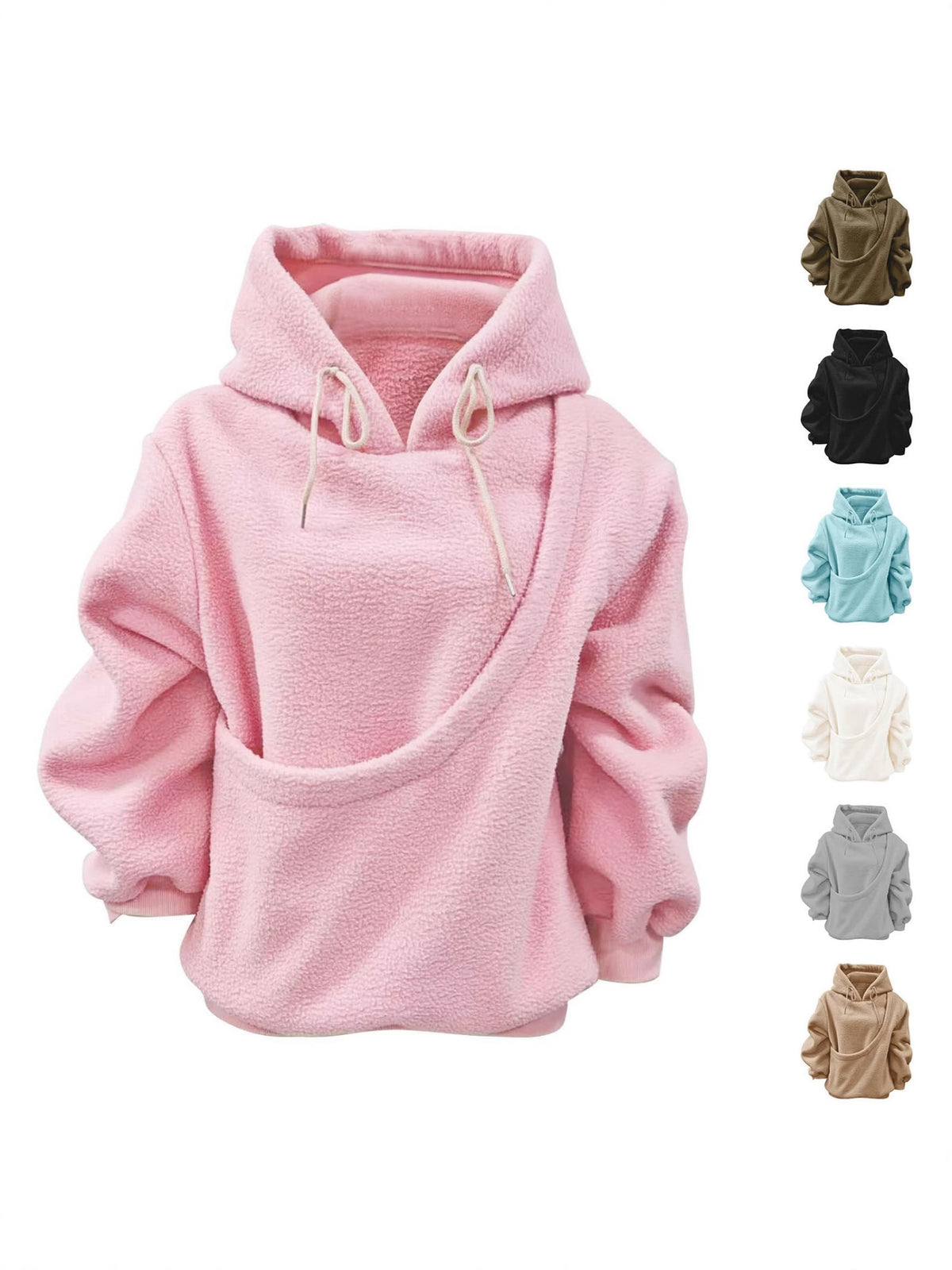 Pink plush fleece hoodie with a diagonal pouch pocket beside swatches of six other colors