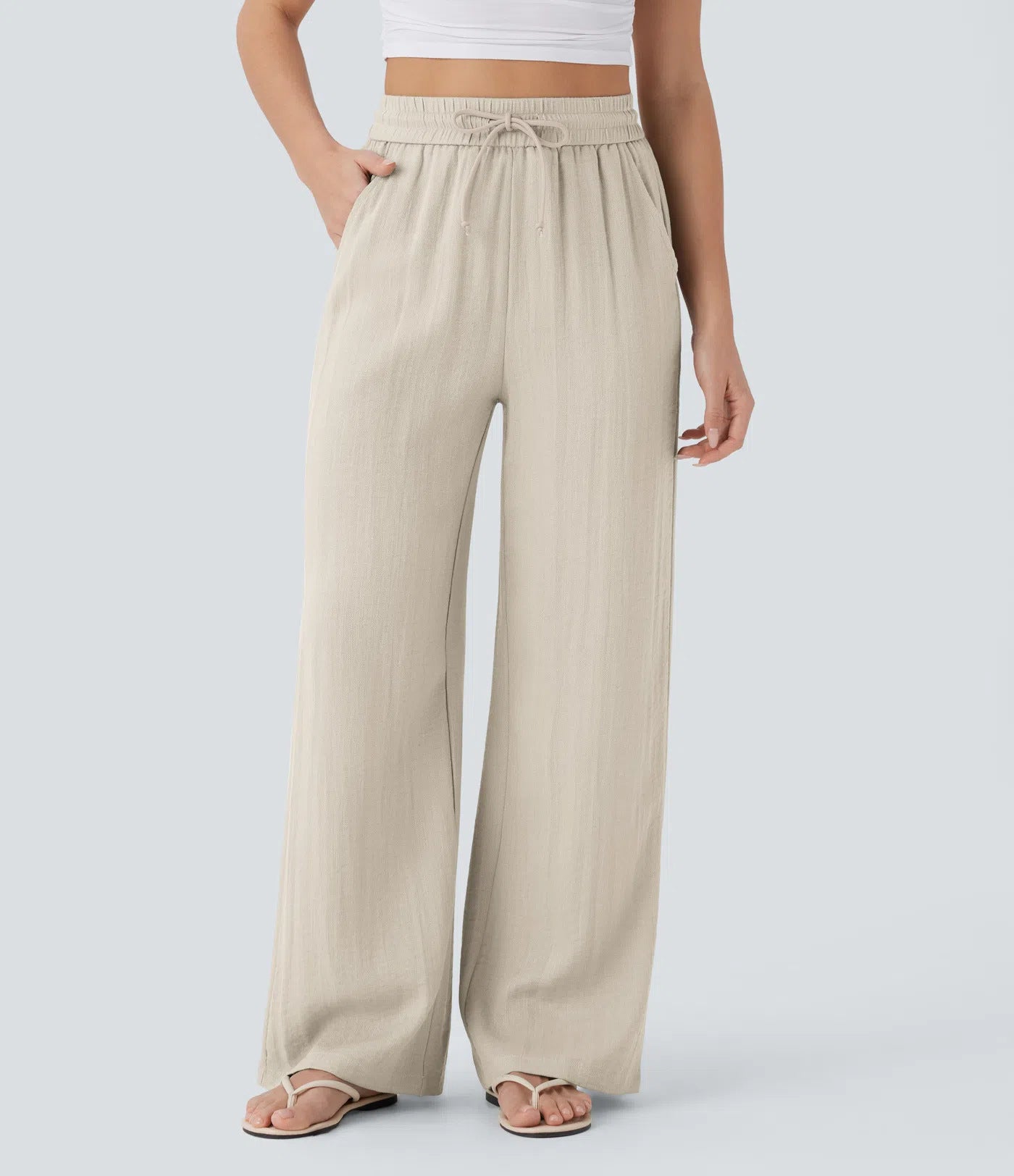 Linen yoga pants with drawstring waist | soft daylight shot