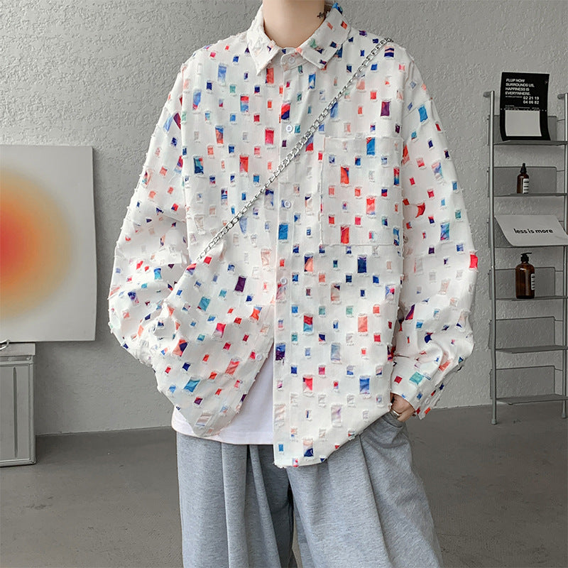Mens streetwear button shirt with frayed cut squares and colour flecks, loose fit
