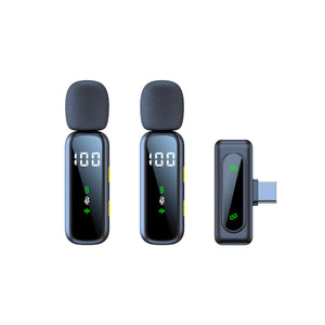 Two clip on wireless lavalier mics with a USB-C receiver on a white background
