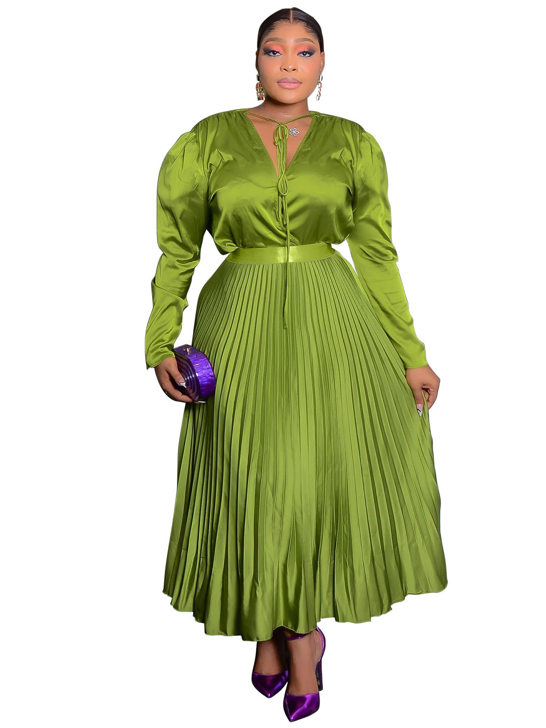 Olive green pleated maxi dress with blouson bodice and matching belt, Green option photo