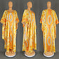 Tie dye satin finish kaftan maxi dress draping loosely over the body, front view