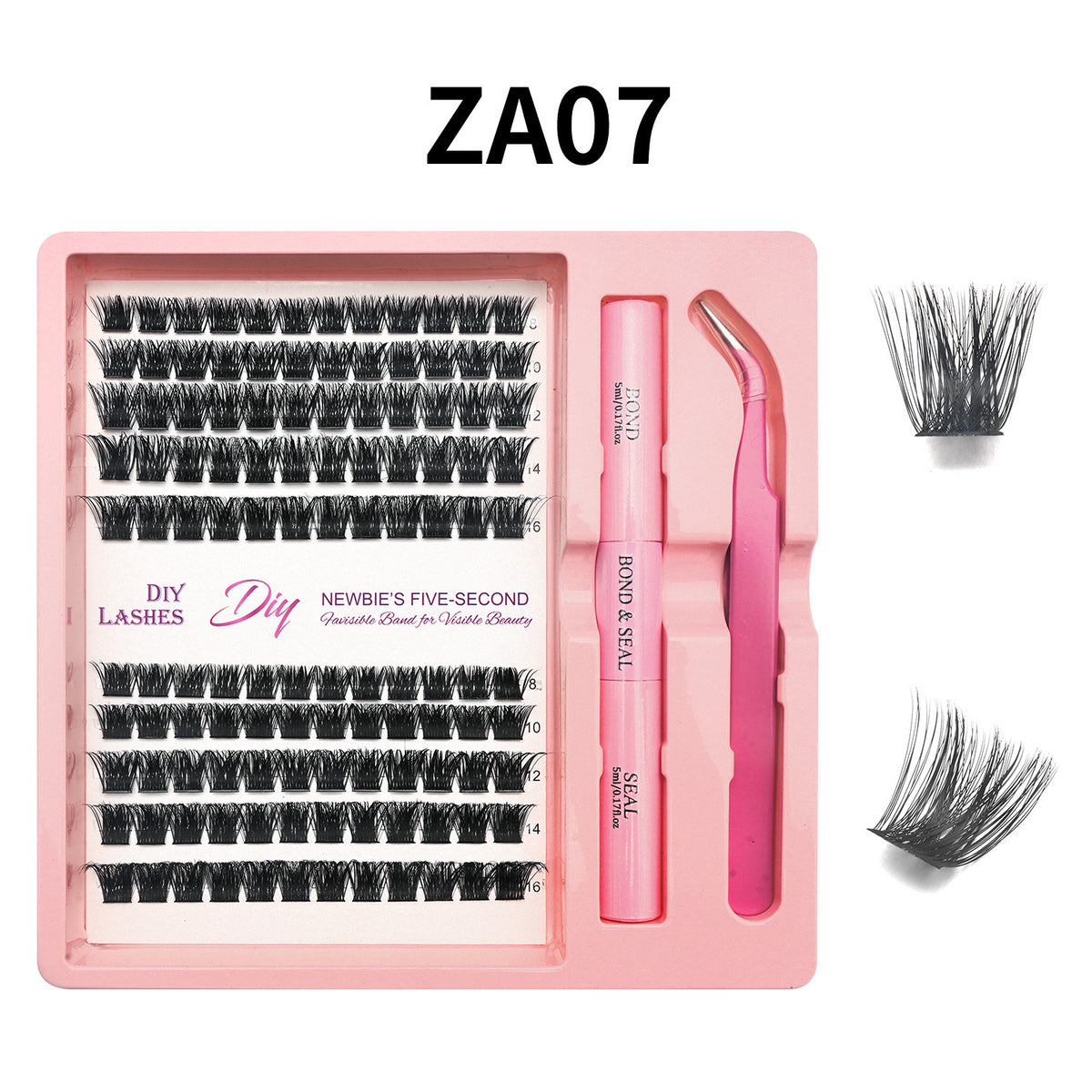 Lash cluster style ZA07 in a 10 row tray with dual-ended glue pen, tweezers and a close-up of the cluster shape
