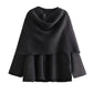 Dark gray knitted coat with a draped scarf collar and flared hem
