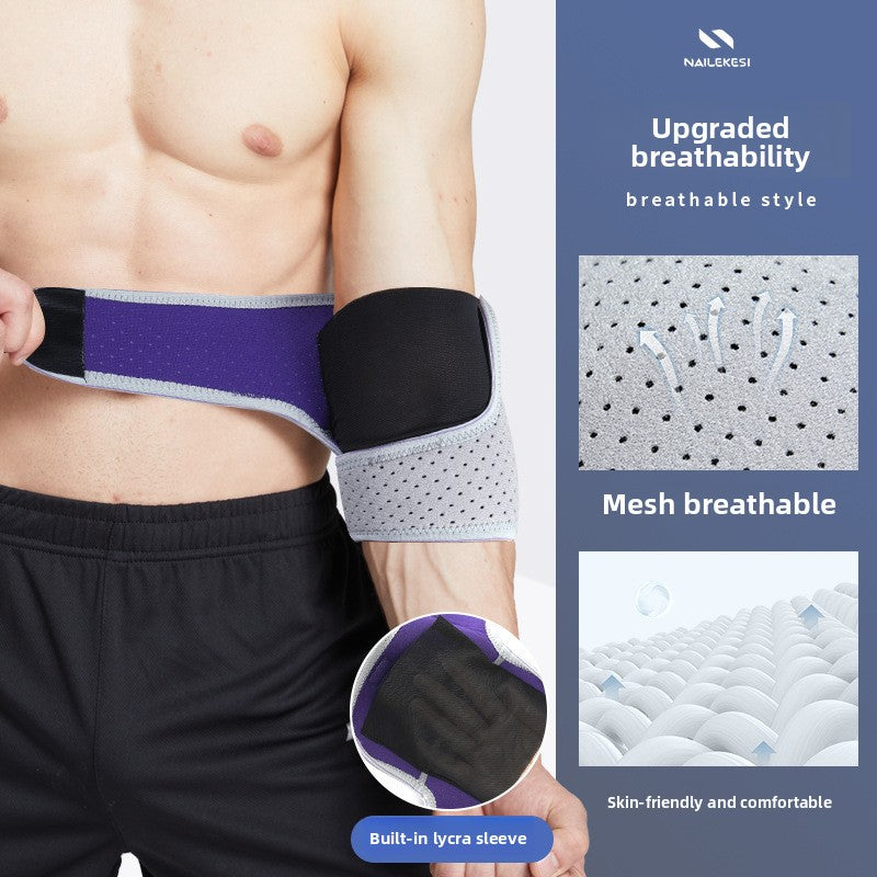 Black and blue elbow wrap with contrast piping and a wide adjustable strap