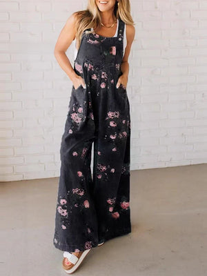 Wide-leg sleeveless jumpsuit shown from the back on model
