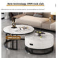 Round nesting tables with a callout reading 9MM rock slab above the white drawer cabinet table in a living room
