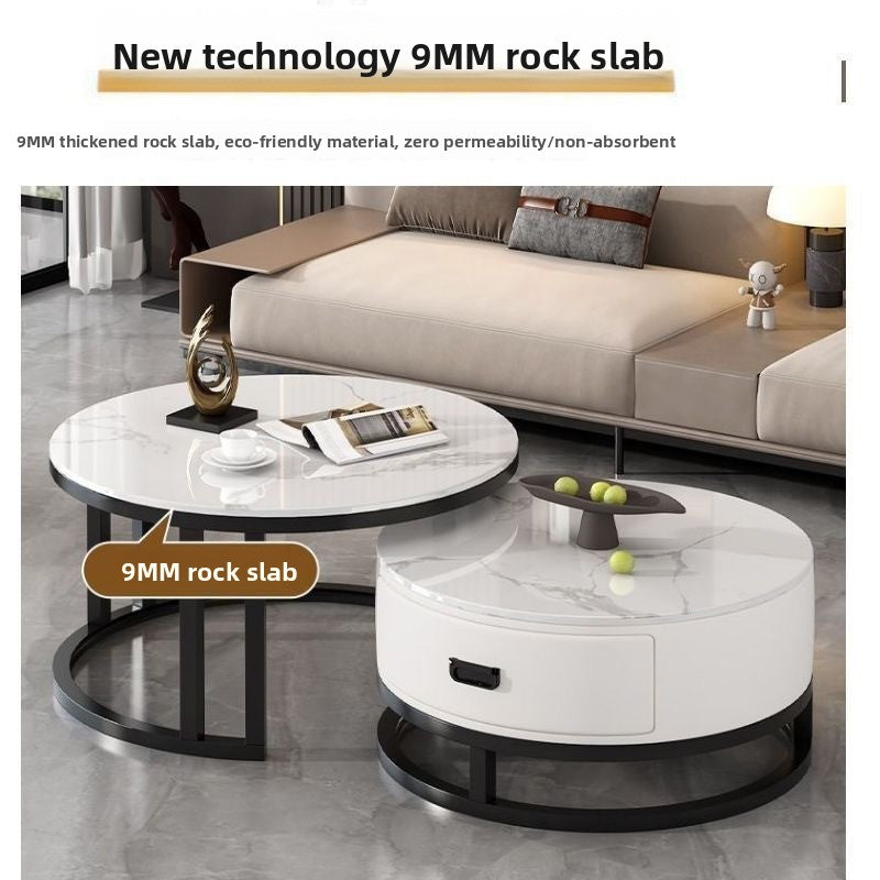 Round nesting tables with a callout reading 9MM rock slab above the white drawer cabinet table in a living room