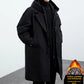 Black thickened hooded coat with notch lapels and cotton-padded badge, option photo for size L
